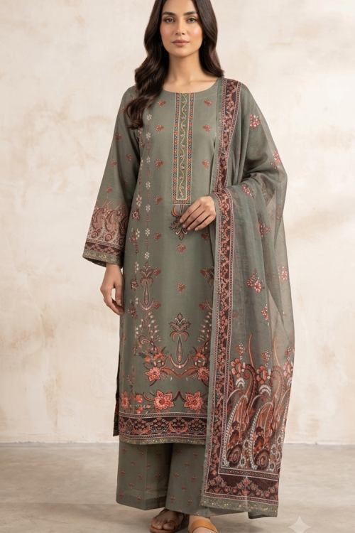 Mehrunisa Charcoal Blossom Lawn 3 Piece Suit