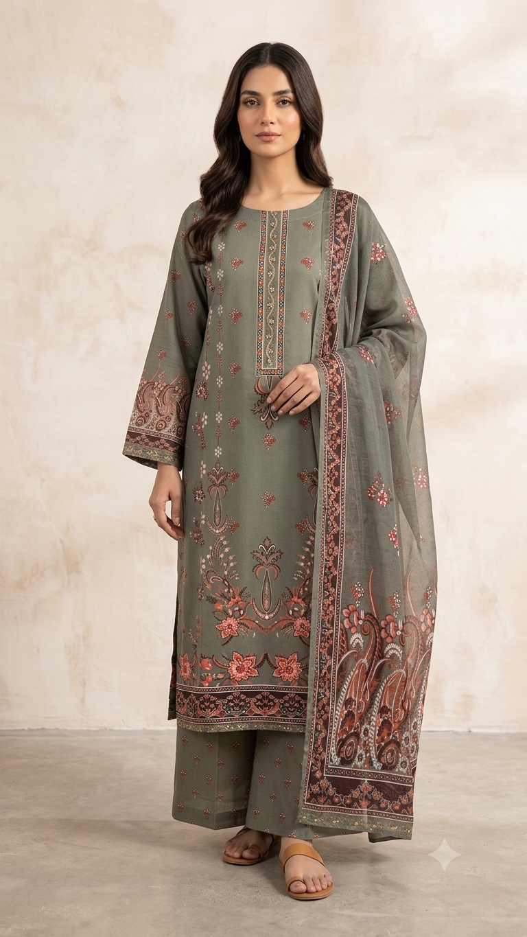 Mehrunisa Charcoal Blossom Lawn 3 Piece Suit