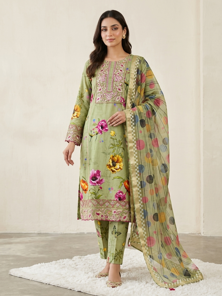 Mahira Sage Blossom Lawn 3 Piece Suit